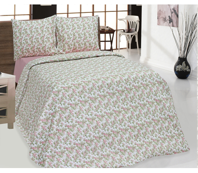  Комплект постельного белья 14С385-ШР "Цветы", зеленый с розовым, 1,5-спальный, лён, фото 1 